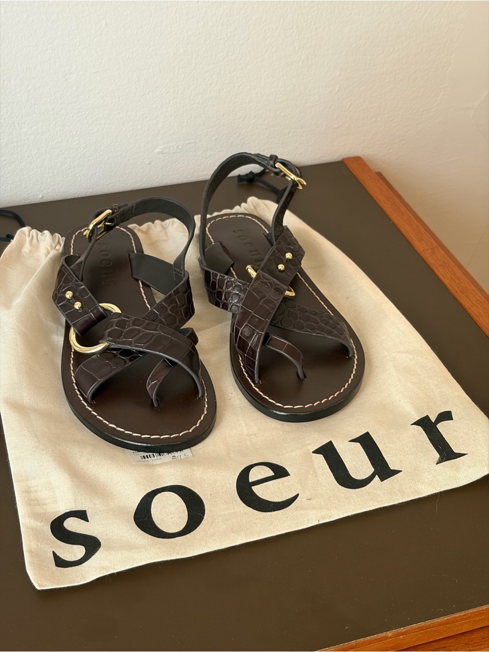 soeur Dark Brown Croc-Embossed Leather Toe-Loop Sandals with Gold Hardware